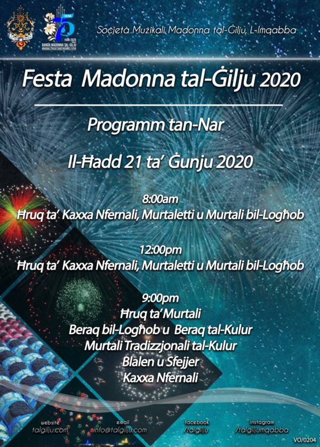Fireworks Programme for the 2020 Feast.